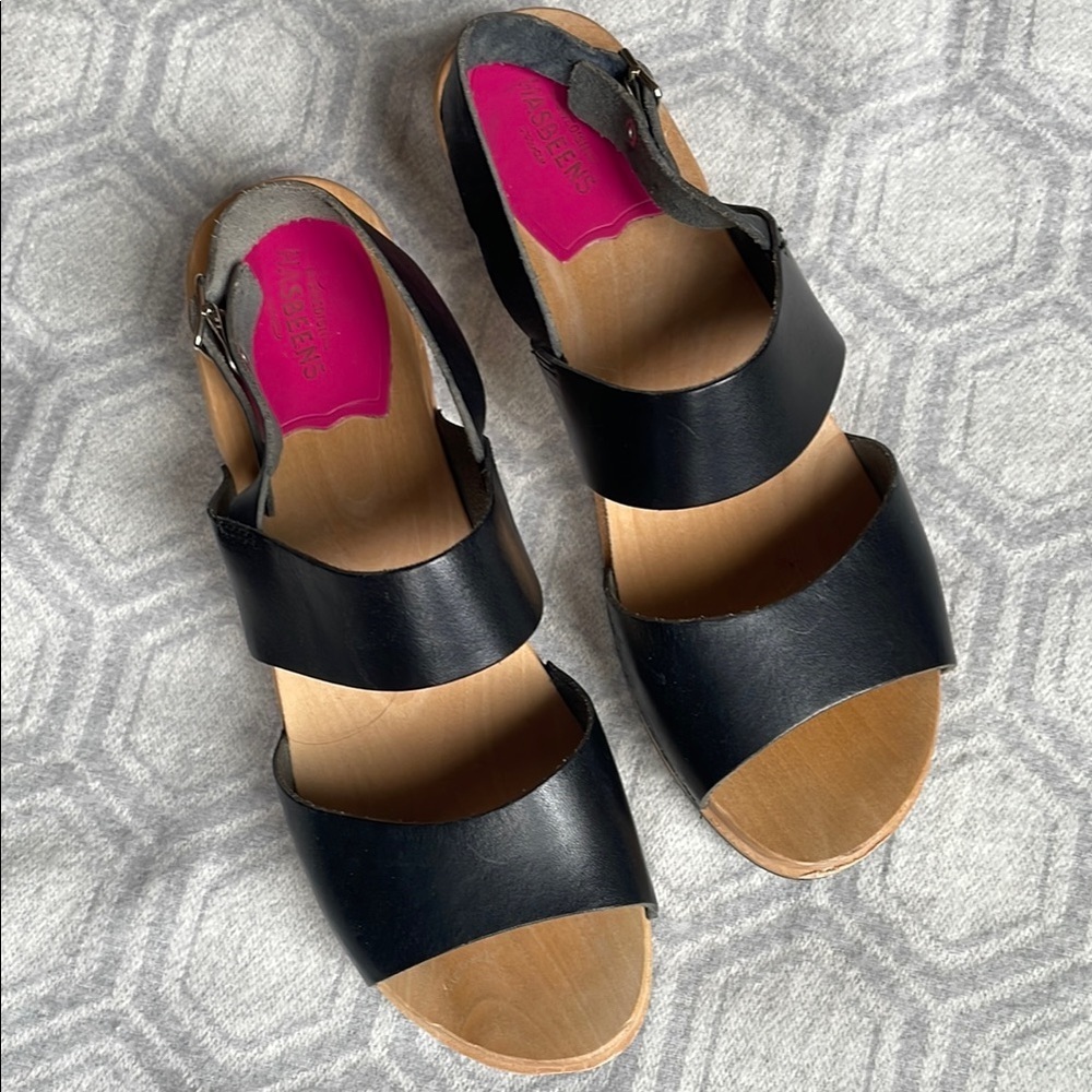 SWEDISH HASBEENS Helena Black Leather Strap Sandals Women’s EU 39 US 9